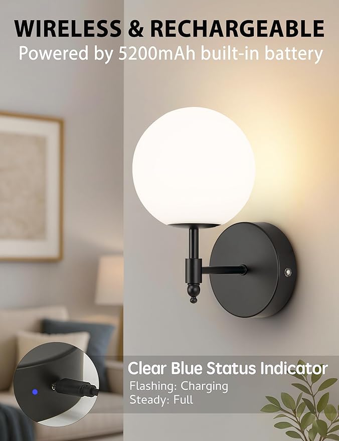 Battery Operated Wall Sconces Set of 2, Glass Globe Wireless Lights with Remote & Touch Control, Rechargeable Matte Black Sconce, 3 Color Dimmable Ambient Lighting for Bedroom Living Room
