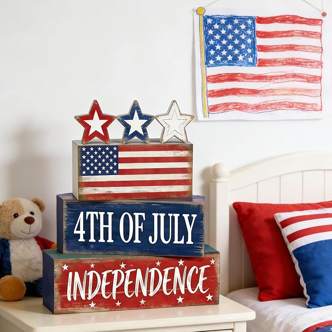 4th of July Table Decorations Patriotic Memorial Day Tiered Tray Decor Wooden American Flag Star Block Signs Independence Farmhouse 250th July Fouth Centerpiece for Tables Wooden Sign for Home Decor
