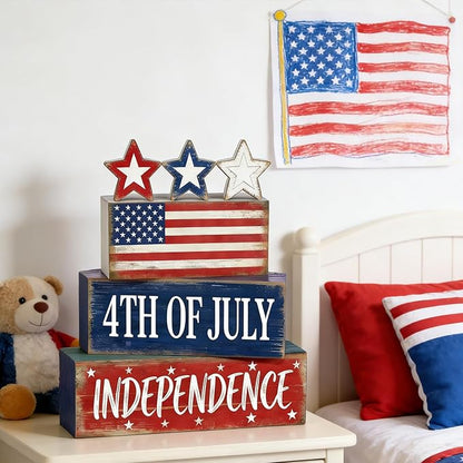 4th of July Table Decorations Patriotic Memorial Day Tiered Tray Decor Wooden American Flag Star Block Signs Independence Farmhouse 250th July Fouth Centerpiece for Tables Wooden Sign for Home Decor