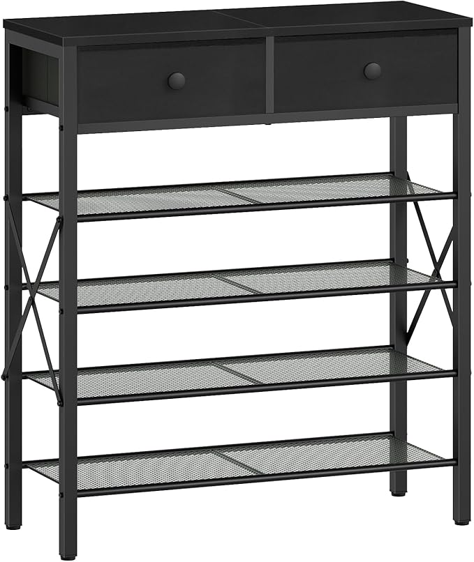 5 Tier Shoe Rack, Large Capacity Shoe Storage Organizer, Metal Shoe Shelf with Drawer and Wooden Top, for 20 Pairs of Shoes, for Entryway, Closet, Black SS25BB