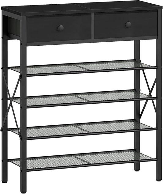5 Tier Shoe Rack, Large Capacity Shoe Storage Organizer, Metal Shoe Shelf with Drawer and Wooden Top, for 20 Pairs of Shoes, for Entryway, Closet, Black SS25BB