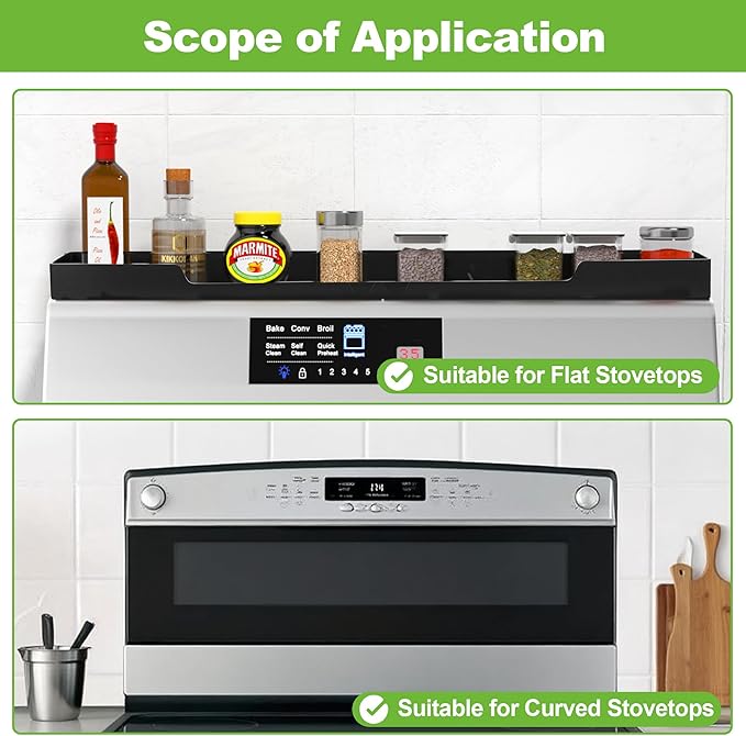 30 Inch Magnetic Stove Top Shelf | 3-Zone Kitchen Organizer with Anti-Slip & Anti-Fall Design | Heat Resistant (-40°F to 446°F) Food-Grade Silicone Spice Rack for Flat Stoves-Black