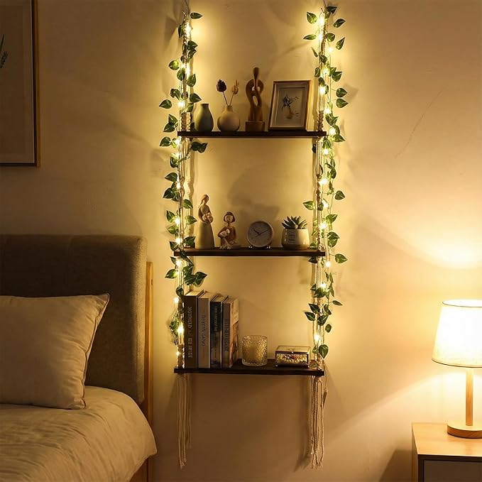 Novabright 3-Tier Boho Wall Hanging Shelves with LED Lights and Green Leaves, Irregular Edge, Floating Wall Shelf for Bedroom Art, Wooden Hanging Floating Storage Shelves Room Decor
