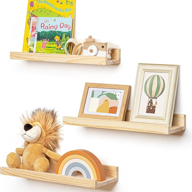 Picture Ledge Shelf for Wall, 16 inches Solid Pine Wood Nursery Book Shelves 3 Packs, Floating Ledge Shelves for Kids' Room Bedroom Bathroom Living Room Photo Frames Office Nursey Wall Decor, Natural