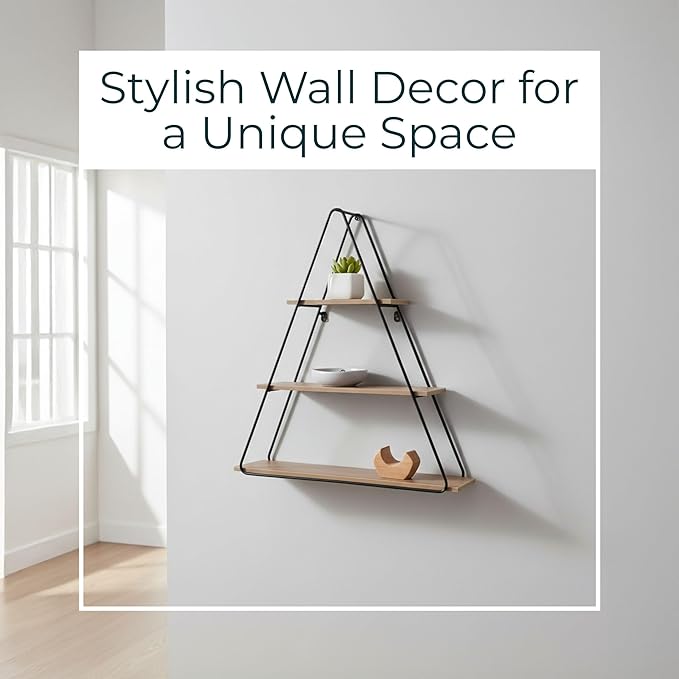 Sagebrook Home Triangle Wall Shelf - Modern Industrial Metal & Wood Floating Storage Unit - Rustic Hanging Display Shelves for Living Room, Bedroom, Office, Entryway - 26" Brown