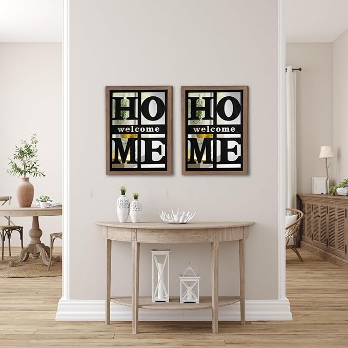 Welcome Home Signs Wall Decor, Wooden Rustic Farmhouse Square Wall Mirror，Accent Mirror for Living Room, Bedroom, Entryway 18”x12”