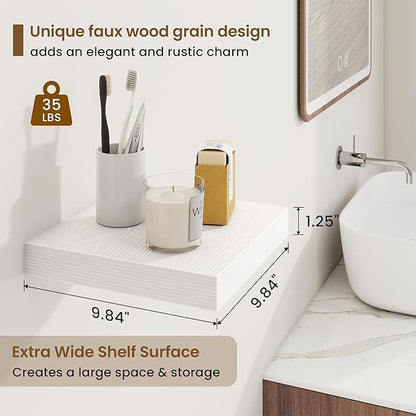 Square Floating Shelves for Wall, 9.25"W x 9.25"D x 1.25"H, 3 Pack Small Wall Mounted Engineered Wood Shelves with Invisible Brackets for Living Room, Bedroom, Bathroom, Kitchen Decor, White