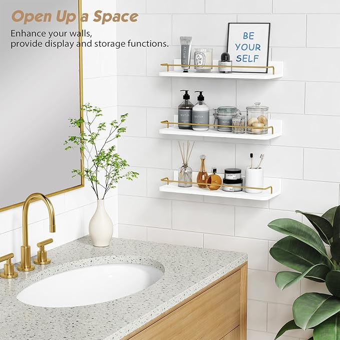Forbena Gold Floating Shelves for Wall Decor Set of 3, Bathroom Shelves Over Toilet, Modern Display Wall Shelf with Guard Rail for Living Room Bedroom Organizers and Storage - White and Gold