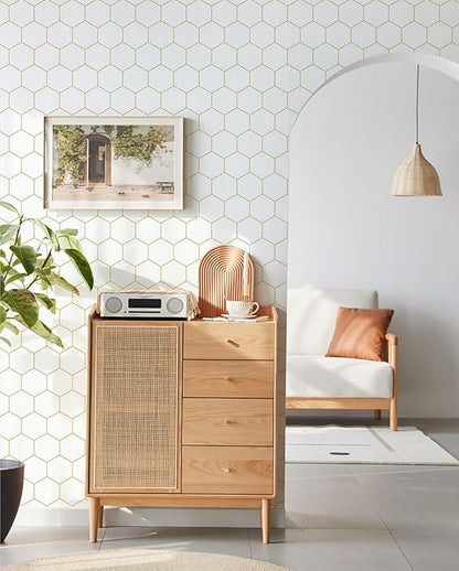 Peel and Stick Wallpaper Gold Geometric White Hexagon Wallpaper Contact Paper 17.3”×78.7”Self Adhesive Wallpapers Removable for Bedroom Decorative Shelf Drawer Liner Roll Waterproof