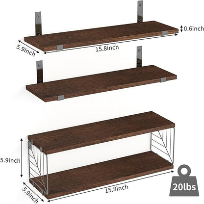 Fixwal 3+1 Tier Bathroom Floating Shelves Over Toilet, 15.8in Farmhouse Rustic Wood Shelves, Wall Decor for Bathroom, Living Room,Bedroom and Kitchen (Dark Brown)