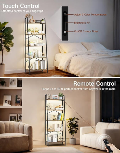 5-Tier Wide Ladder Shelf with LED Lights, Touch & Remote Control, 3 Color Temperatures, Dimmable Tall Corner Standing Bookcase, Metal Wood Display Shelf for Living Room, Bedroom