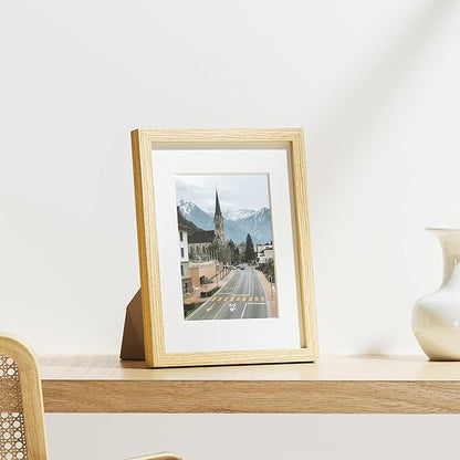 Vittanly 8.5x11 Picture Frames Set of 9, Shatter Resistant Plexiglass, Display 6x8 Pictures with Mat or 8.5x11 without Mat, Photo Frames for Wall or Tabletop, Engineered Wood, OAK