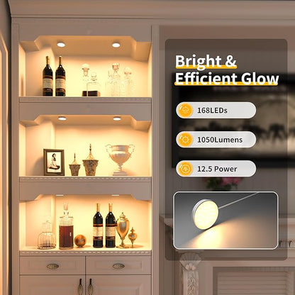 WOBANE LED Puck Lights Plug in, Under Cabinet Lighting with Switch, Dimmable Under Counter Lighting for Shelf, Closet, Cupboard, Bookcase, Display, Super Bright, 2700K Warm White, 6 Pack