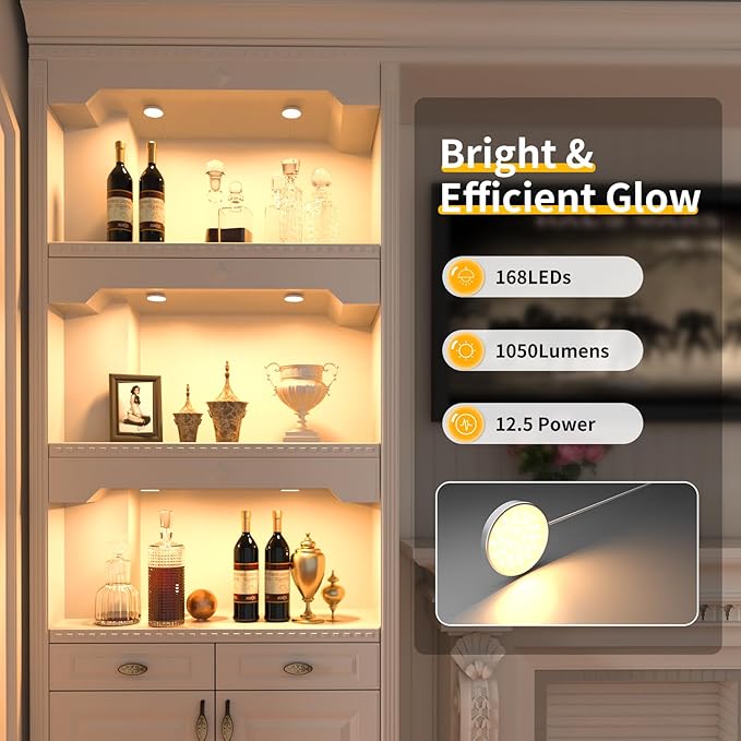 WOBANE LED Puck Lights Plug in, Under Cabinet Lighting with Switch, Dimmable Under Counter Lighting for Shelf, Closet, Cupboard, Bookcase, Display, Super Bright, 2700K Warm White, 6 Pack