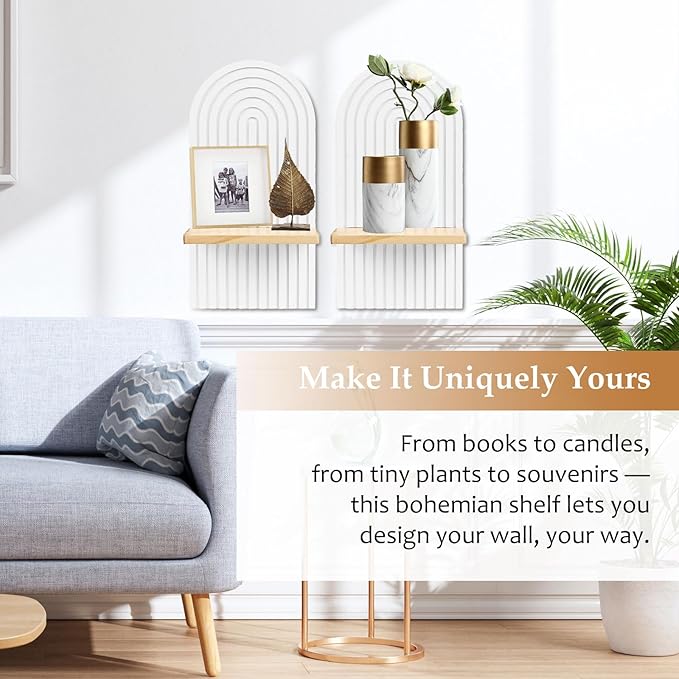 2 PCS Wall Mounted Plant Holder, Wooden Rainbow Plant Wall Shelf, Boho Wall Shelf Mid Century Arch Wood Floating Wall Shelf Decor for Bathroom, Bedroom, Kitchen (Wood-01)