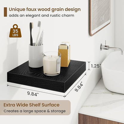 Square Floating Shelves for Wall, 9.25"W x 9.25"D x 1.25"H, 3 Pack Small Wall Mounted Engineered Wood Shelves with Invisible Brackets for Living Room, Bedroom, Bathroom, Kitchen Decor, Black
