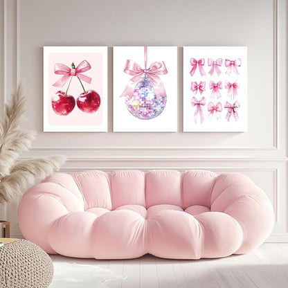 Zeredi Framed Pink Coquette Bow Trendy Preppy Wall Art Prints Set of 3, Coquette Room Decor, Preppy Room Dorm Decor Aesthetic, Pink Bow Cherry Disco Ball Wall Decor Posters for Girls Bedroom 16"x24"