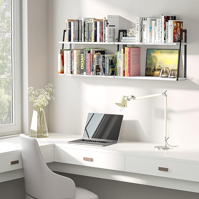 SRIWATANA Floating Wall Shelves, Rustic Wood Shelves Book Shelves Wall Mounted Ideal Room Decor (White)