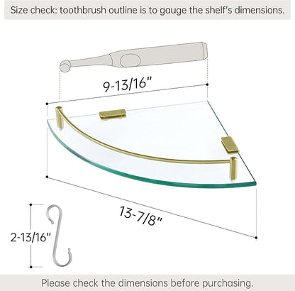 KES Glass Corner Shelf Bathroom Shelf Tempered Glass with Rail SUS 304 Stainless Steel Floating Wall Mount Bracket Brushed Gold, BGS2101A-BZ