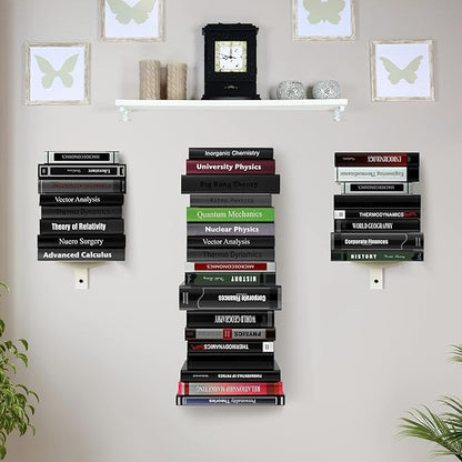 Floating Book Shelves for Wall, 8 Tier Invisible Floating Bookshelf, Vertical Spine Book Tower, Wall Mounted & Space Saving, Heavy Duty Metal Book Organizer for Home Office, 4 Pack White