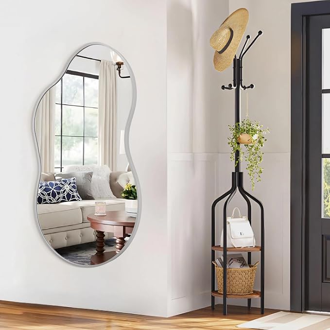 JJUUYOU Bathroom Wall Mirror Irregular Mirrors for Wall Large Metal Frame Hanging 26"x47" Vanity Wall Mounted Mirror for Living Room Bedroom Entryway Vanity Home Decor Silver