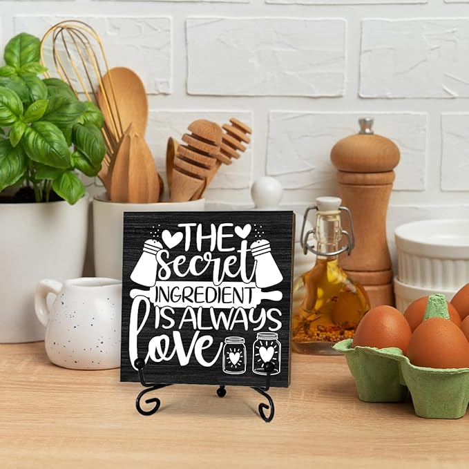 5'' Rustic Kitchen Wooden Sign With Metal Stand - The Secret Ingredient Is Always Love - Wooden Plaque Tabletop Decor Gifts For Friends Family Coworkers - Home Desk Kitchen Decor & Supplies - B01