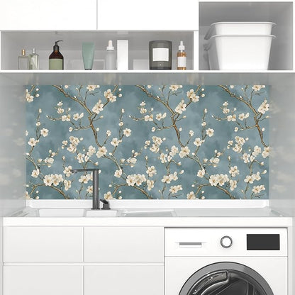 Blue Floral Wallpaper Peel and Stick Vintage White Flowers Contact Paper Vinyl Self Adhesive Removable Retro Cherry Blossom Wall Mural Wall Paper for Room Walls Shelve Cabinet Table Decor 17.5" x 118"