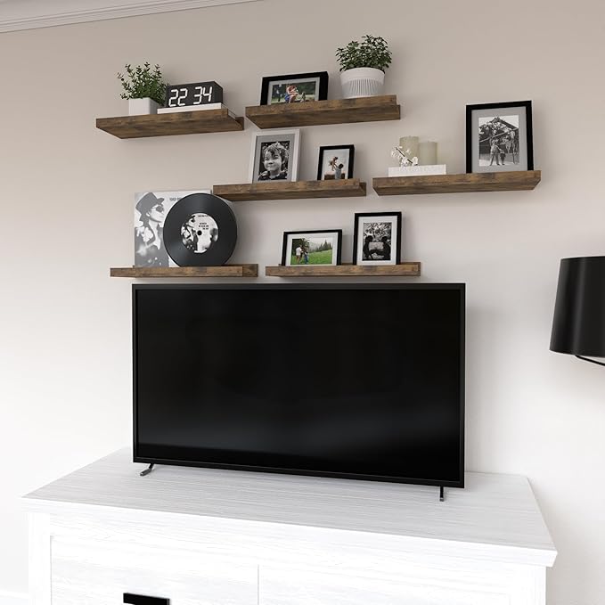 Floating Shelves Set of 6, Farmhouse Wall Shelves with Lip, Display Shelves for Wall Decor, Rustic Picture Ledge for Living Room, Bedroom, Nursery, Bathroom, Pictures, Books, Plants- Brown