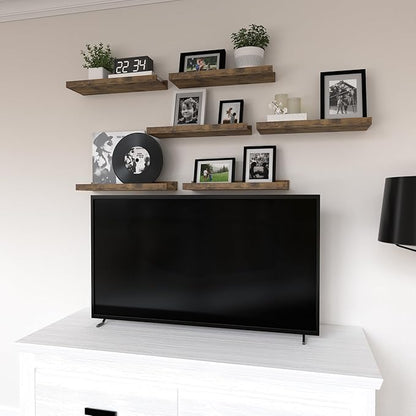 Floating Shelves Set of 6, Farmhouse Wall Shelves with Lip, Display Shelves for Wall Decor, Rustic Picture Ledge for Living Room, Bedroom, Nursery, Bathroom, Pictures, Books, Plants- Brown