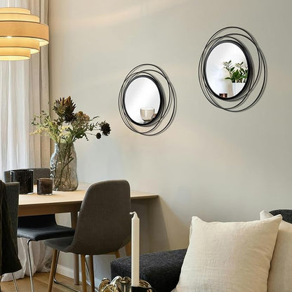 Cityelf 2 Set 13.3'' Black Circle Mirrors Wall Decor Iron Frame Wall Art Round Mirror Home Decor Hanging for Living Room/Bedroom/Bathroom/Entryway (Medium Size 13.3 inch,Circles)