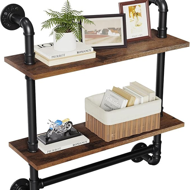 Merapi 24" Industrial Floating Shelves with Tower Bar, Pipe Shelves for Wall, 2 Tier Rustic Wood Wall Shelves for Home Décor, Bedroom, Living Room, Bathroom…
