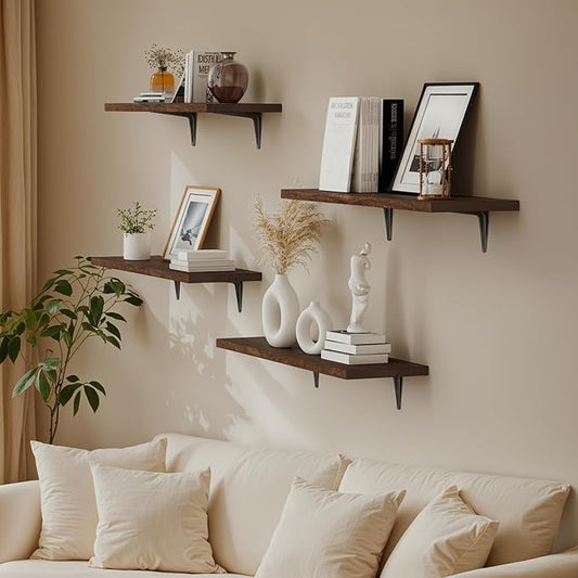 SKYSEN Floating Shelves for Wall Set of 6, 23.6in Wood Wall Shelf for Decor, Bathroom, Bedroom, Storage, Book,Kitchen, Living Room - Dark Brown(fs-60-d)