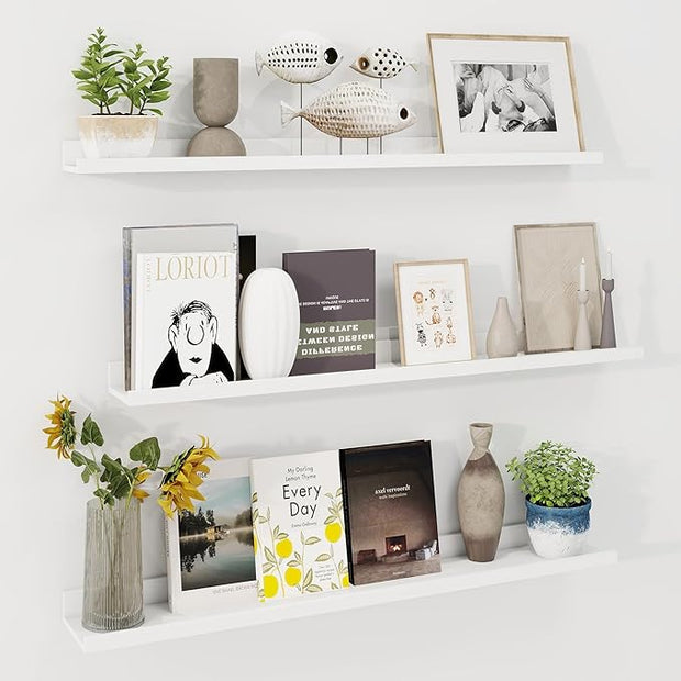 Axeman 40 Inch Floating Shelves | White Picture Ledge Shelf Set of 3 | Rustic Wood Wall Shelves with Lip | 40" White Picture Shelf for Wall with Ledge | Photo Shelves