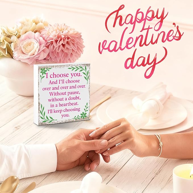 Valentines Desk Decor, Valentine's Day Home Office Table Sign for Wife Daughter from Dad Husband, Valentine Gifts Decorations for Porch Tiered Tray Shelf Party, I Choose You Over and Over