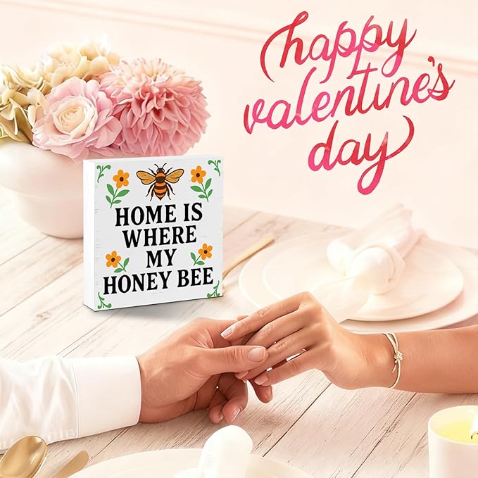 Valentines Desk Decor, Valentine's Day Home Office Table Sign for Wife Daughter from Dad Husband, Valentine Gifts Decorations for Porch Tiered Tray Shelf Party, Home Is Where My Honey Bee