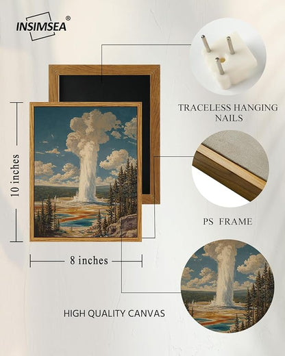 InSimSea Framed Canvas Wall Art, Vintage National Park Art for Living Room Hallway Shelf, 10x8in,Yellowstone Landscape Watercolor Painting, Rustic Farmhouse Cozy Mid Century Small Nature Decor