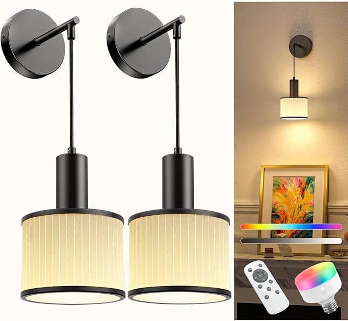 NIORSUN Battery Operated Wall Sconce Set of 2, Black&Off-White Wireless Rechargeable Wall Lights with 5200mAh Dimmable Detachable Bulbs and Remote, 9 Colors Sconces Wall Decor for Bedroom Living Room