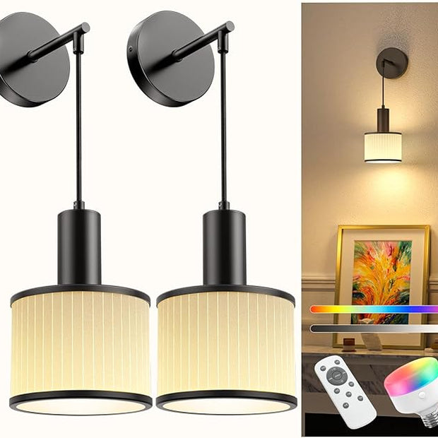 NIORSUN Battery Operated Wall Sconce Set of 2, Black&Off-White Wireless Rechargeable Wall Lights with 5200mAh Dimmable Detachable Bulbs and Remote, 9 Colors Sconces Wall Decor for Bedroom Living Room