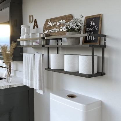 RICHER HOUSE 2+1 Tier Wall Mounted Floating Shelves Set of 2, Rustic Wood Wall Shelf with Metal Frame, Extra Storage Rack for Bathroom, Kitchen, Bedroom with Tissue Rack & Towel Bar - Black