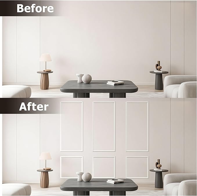 Pre-Cut Peel and Stick Wall Molding Kit Wainscoting Trim- Self Adhesive Premade Accent Panel Chair Rail for Interior Moulding Home Decor Accent Wall Set of 6 pcs - 3 Top 3 Bottom, Ready to Assemble