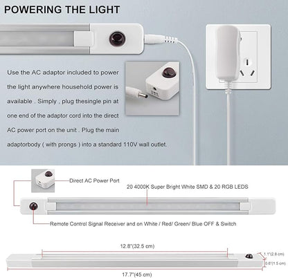 BIGMONAT Under Cabinet Light with Remote, Stick on Color Changing Under Counter Lighting, Plug in RGB LED Light Bar with Timer for Kitchen Sink Shelf Cupboard Closet Pantry Desk TV Stand Backlight