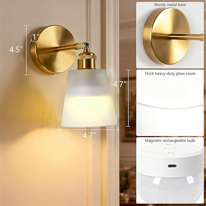 Vintage Battery Operated Wall Sconce with Milky Minimalist Glass Lampshade Rechargeable Battery Powered Wall Light with Remote Control for Bedside Bedroom Bathroom, Set of 2