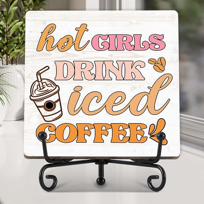 Coffee Bar Decor, Farmhouse Kitchen Table Decor, Coffee Station Accessories, Wooden Decorative Sign with Iron Stand for Table Desk Shelf Display-E31