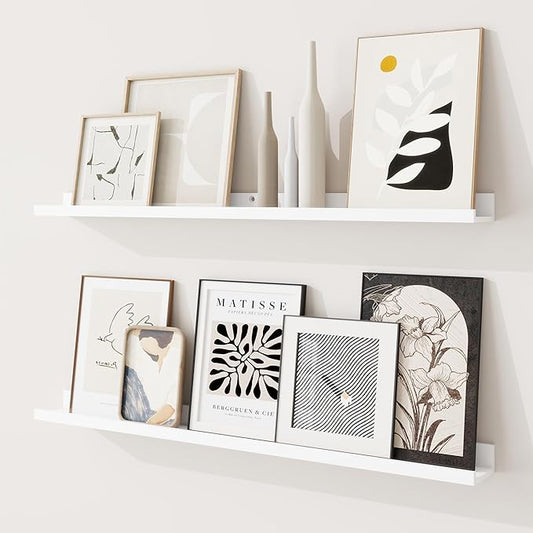 RICHFOCUS Picture Ledge Shelf, 36 inch Floating Shelves Set of 2, Wood Wall Shelves with Lip, Wall Decor Storage for Bedroom Living Room Bathroom Kitchen Nursery Photo Picture, White