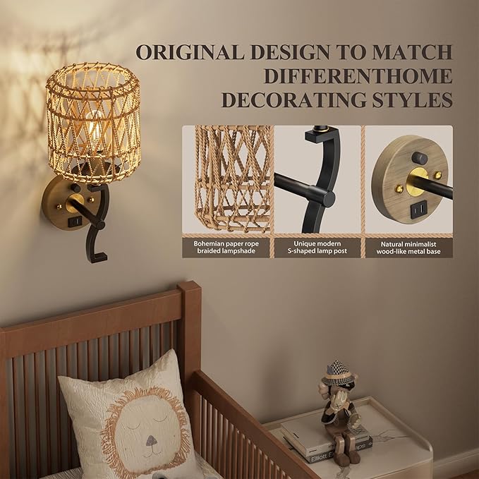 N02 Boho Rattan Wall Sconce with Plug in Cord, Adjustable Dimmable Rattan Shade & S-Shape Arm for Aztec Boho Home Decor, Bohemian Wall Mounted Lighting