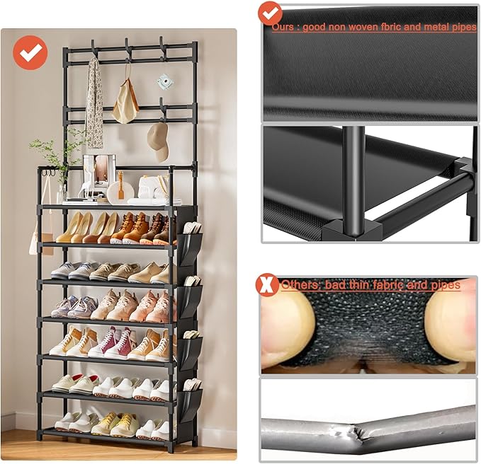Shoe Rack 7 Tier Shoe Organizer Storage 21-28 Pairs Closet Shoes Rack for Front Door Entrance Shoe Rack Organizer with Hooks Side Pocket Entryway Large Capacity Shoe Shelf Tower Garage