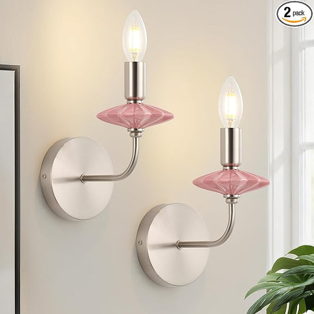 Modern Retro Wall sconces Set of Two with Pink Ceramic Flower Decoration,Brushed Nickel Wall Lights, Hardwired Vintage Vanity Light for Bathroom, Living Room, Bedroom, and hallways.