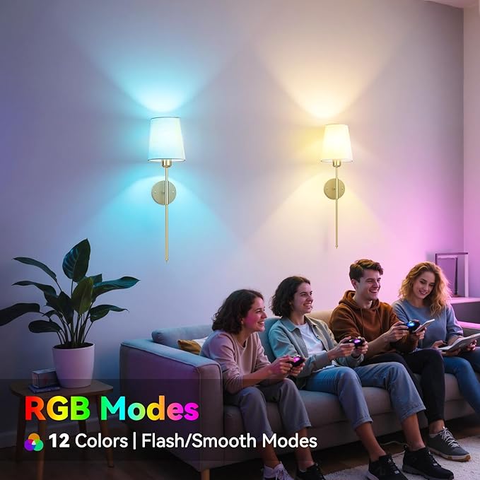 25.6 inch Battery Operated Wall Sconces Set of 2, Wireless Wall Lights with Rechargeable Bulbs & Remote, 15 Colors & Dimmable, Battery Powered Wall Lights for Bedroom, Living Room, Hallway