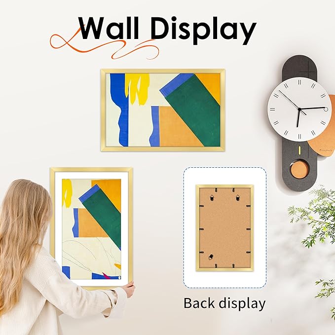 FIXSMITH 11x17 Picture Frame Gold Set of 4, Photo Frame with HD Plexiglass, Display Pictures 9x15 with Mat or 11x17 Without Mat, Gold Picture Frames Collage Wall Decor, Gallary Wall Frame