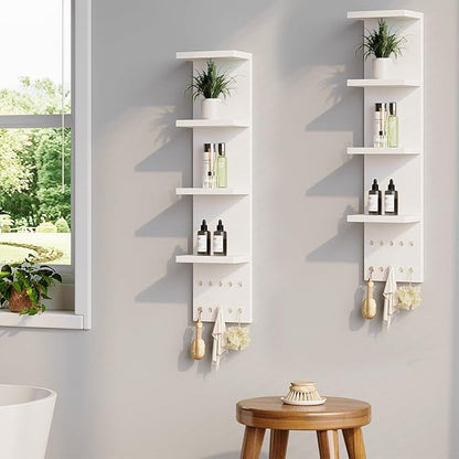 4 Tier White Lack Shelf Vanity Wall Shelf with 10 Crystal Hooks - Multi-Functional Storage for Makeup, Jewelry, Plants, Awards & Display (L7.1 x W5.5 x H30.7) (1)
